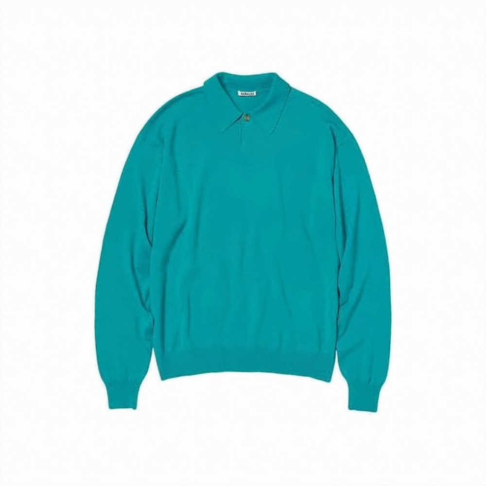 AURALEE Teal Knit Sweater with Classic Collar